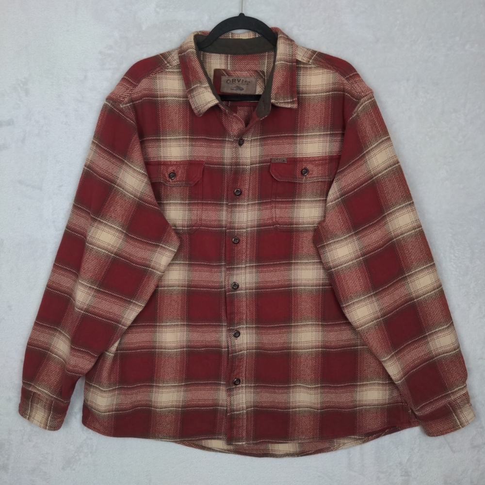 Orvis Button Shirt Shacket Men XXL Red Plaid Flannel Heavy Lumberjack Chore Work